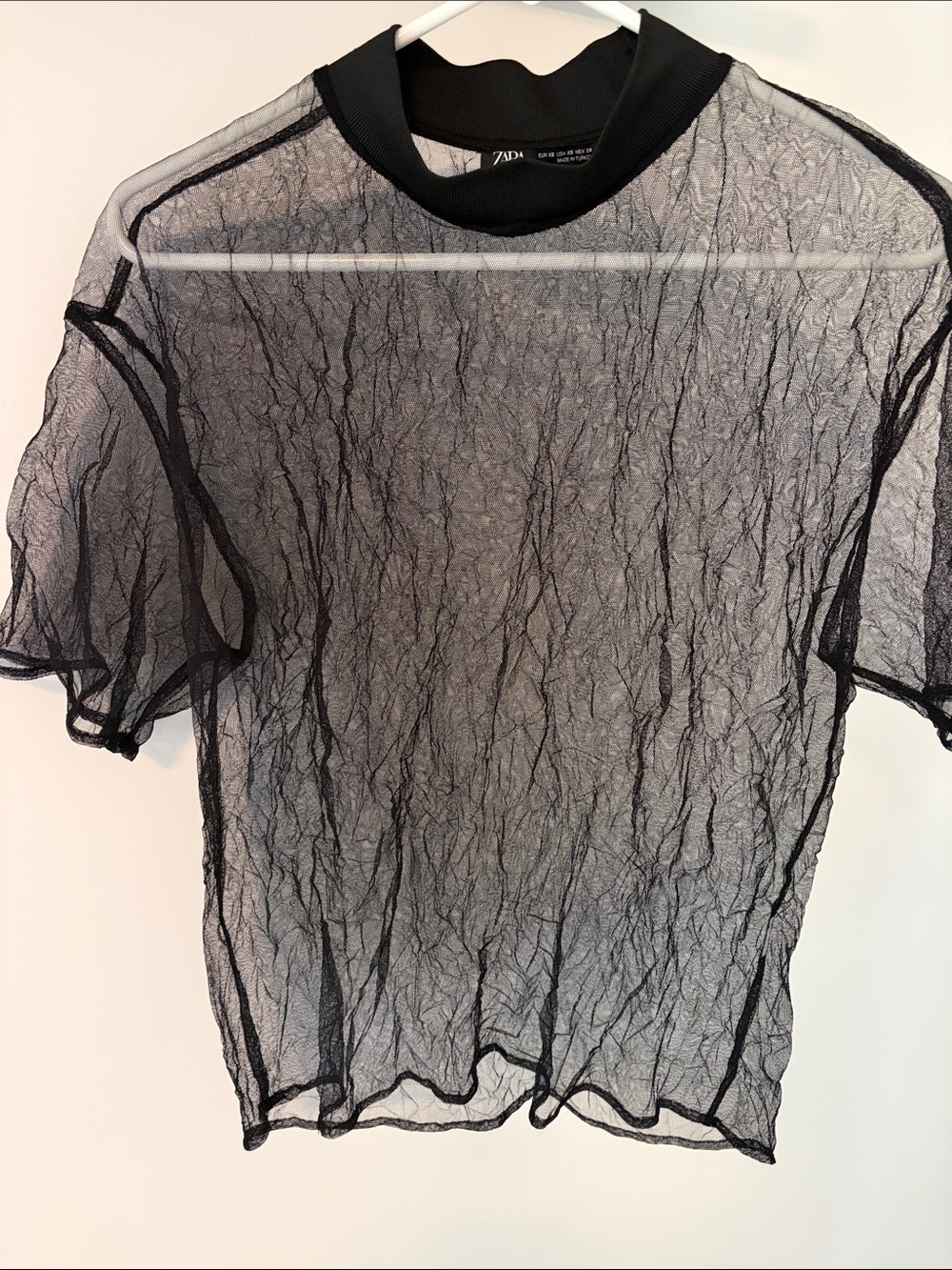 Zara Black Sheer Mesh Short Sleeve Mock Neck Tee